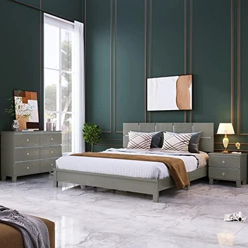 3 Pieces Platform Bed Set, Solid Wood Bedroom Sets With King Size Platform Bed, 6 Drawers Dresser And Nightstand (Milky White) 14 3 Pieces Platform Bed Set, Solid Wood Bedroom Sets With King Size Platform Bed, 6 Drawers Dresser And Nightstand (Milky White) - Image 14