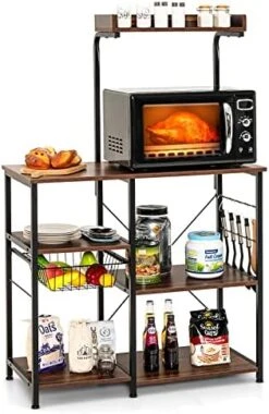 Giantex Kitchen Baker’s Rack, 4-Tier Microwave Storage Stand, Utility Storage, Wire Basket With 5 Hooks, Spice Utensils For Organizing Work Station Shelf 35.5” Length, Charcoal Brown&Black -Safavieh Furniture 517FMlbo1aL. AC