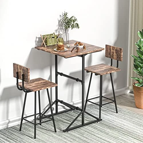 VECELO Dining Table Set For 2, Wooden Square Counter Height Dinette With 2 Bar Stools, For Kitchen Breakfast Nook, Living Room, Small Space, Rustic Brown 5 VECELO Dining Table Set For 2, Wooden Square Counter Height Dinette With 2 Bar Stools, For Kitchen Breakfast Nook, Living Room, Small Space, Rustic Brown - Image 5
