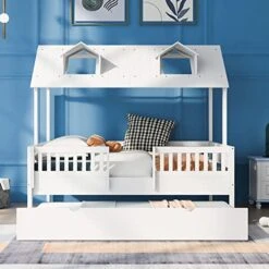 Full Size House Bed With Trundle, Wood Kids Full Bed With Roof And Guardrails, Playhouse Beds Frame Full For Kids, Teen, Toddler, No Box Spring Needed, Easy Assembly (Full, White) -Safavieh Furniture 517WsYbwpyL