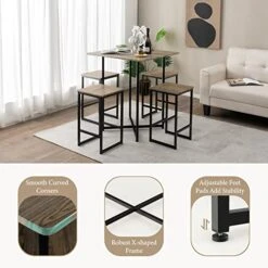 Giantex 5 Piece Dining Table Set, Industrial Kitchen Table Set W/ 4 Stools, Square Space-Saving Bar Table Set For Small Spaces, Apartment, Counter Height Table Sets W/Metal Frame (Natural & Black)