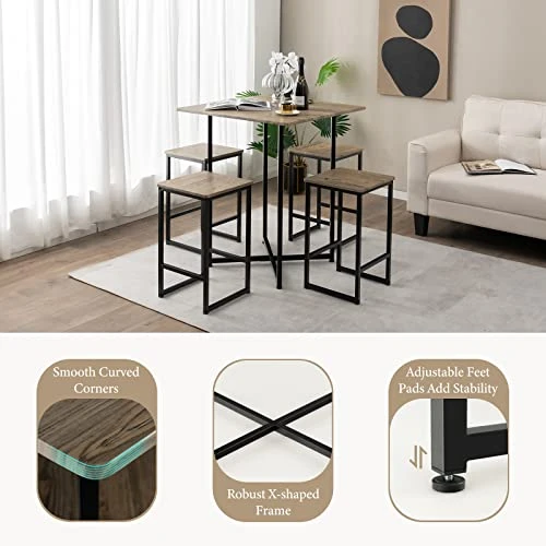 Giantex 5 Piece Dining Table Set, Industrial Kitchen Table Set W/ 4 Stools, Square Space-Saving Bar Table Set For Small Spaces, Apartment, Counter Height Table Sets W/Metal Frame (Natural & Black) 1 Giantex 5 Piece Dining Table Set, Industrial Kitchen Table Set W/ 4 Stools, Square Space-Saving Bar Table Set For Small Spaces, Apartment, Counter Height Table Sets W/Metal Frame (Natural & Black)