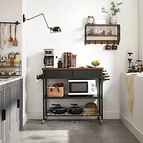VASAGLE Kitchen Island, Kitchen Cart, 3-Tier Microwave Stand With 2 Drawers, Towel Bar, Spice Holder, 17.7 X 46.9 X 35.8 Inches, Rustic Brown And Black UKKI003B01 4 VASAGLE Kitchen Island, Kitchen Cart, 3-Tier Microwave Stand With 2 Drawers, Towel Bar, Spice Holder, 17.7 X 46.9 X 35.8 Inches, Rustic Brown And Black UKKI003B01 - Image 4