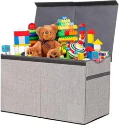 YOLOXO Large Kids Toy Box Chest Storage Organizer With Double Flip-Top Lid - Collapsible Sturdy Toy Organizers And Storage Bins With Big Handles For Nursery, Playroom, 26.8"x13.8"x16"(Grey) -Safavieh Furniture 517mdYO1qVL. AC