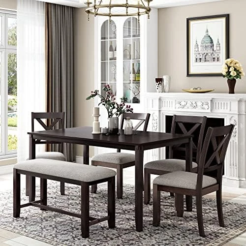 Merax 7-Piece Farmhouse Rustic Wooden Dining Set, Rectangular Table With 6 Padded Chairs, Gray 13 Merax 7-Piece Farmhouse Rustic Wooden Dining Set, Rectangular Table With 6 Padded Chairs, Gray - Image 13