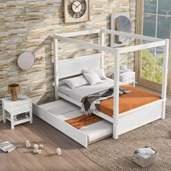 3-Piece Bedroom Set, Solid Wood Bedroom Set, Full Size Canopy Platform Bed With Trundle Bed And 2 Nightstands, Light Brown 22 3-Piece Bedroom Set, Solid Wood Bedroom Set, Full Size Canopy Platform Bed With Trundle Bed And 2 Nightstands, Light Brown -Safavieh Furniture 517q7tli0GL. AC