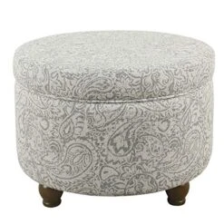Homepop Home Decor | Upholstered Round Storage Ottoman | Ottoman With Storage For Living Room & Bedroom, Gray Floral