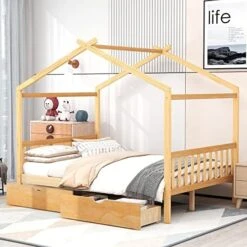 House Bed With Trundle, Twin House Bed For Kids, Wooden Platform Bed Frame With Headboard And Roof, For Girls Boys (Twin Size, White) 28 House Bed With Trundle, Twin House Bed For Kids, Wooden Platform Bed Frame With Headboard And Roof, For Girls Boys (Twin Size, White) -Safavieh Furniture 517rvBRAEDL. AC