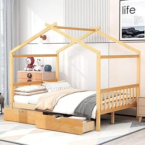 House Bed With Trundle, Twin House Bed For Kids, Wooden Platform Bed Frame With Headboard And Roof, For Girls Boys (Twin Size, White) 14 House Bed With Trundle, Twin House Bed For Kids, Wooden Platform Bed Frame With Headboard And Roof, For Girls Boys (Twin Size, White) - Image 14