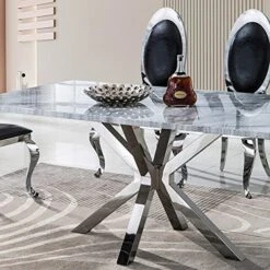 Goderfuu Marble Dining Table For 6 - Marble Dining Room Table With Silver Stainless Steel Base, 78 Inch Rectangle Dining Table Modern Dining Room Table For 6, Gray White Dining Table With Marble Top -Safavieh Furniture 517wy15e2eL