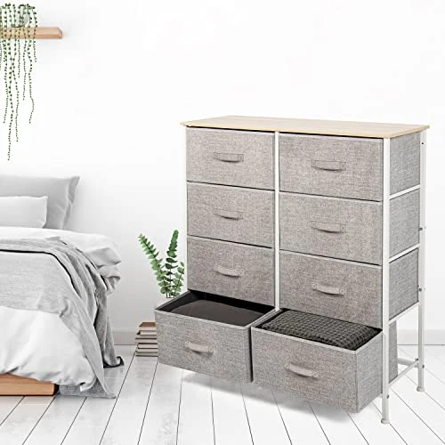 VIOUS Fabric Dresser With 8 Drawers, 33.8" X 11.8" X 38.6", Vertical Fabric Storage Tower, Metal Frame And Wooden Desktop (Light Grey) 3 VIOUS Fabric Dresser With 8 Drawers, 33.8" X 11.8" X 38.6", Vertical Fabric Storage Tower, Metal Frame And Wooden Desktop (Light Grey) - Image 3