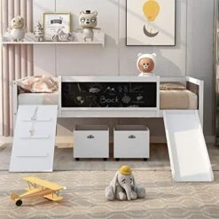 Harper & Bright Designs Kids Loft Bed With Slide, Twin Size Wooden Low Loft Bed Frame With Two Storage Boxes For Boys & Girls, Natrual -Safavieh Furniture 518U2B1yACL. AC