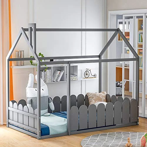 Merax Twin Size Wooden House Bed Frame With Fence-Shaped Guardrail For Teens, Girls, Boys, Gray 1 Merax Twin Size Wooden House Bed Frame With Fence-Shaped Guardrail For Teens, Girls, Boys, Gray