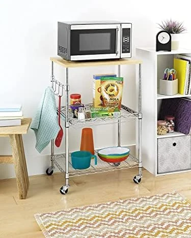 Kitchen Microwave Cart On Wheels, Wire Rolling Cart With 4 Chrome Hooks, 3 Tier Bakers Rack With Wood Table, Slides Out Shelves (24" W X 18" D X 33.5" H, Chrome/Wood) 7 Kitchen Microwave Cart On Wheels, Wire Rolling Cart With 4 Chrome Hooks, 3 Tier Bakers Rack With Wood Table, Slides Out Shelves (24" W X 18" D X 33.5" H, Chrome/Wood) - Image 7