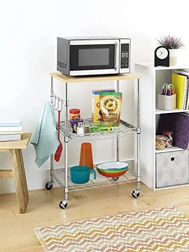 Kitchen Microwave Cart On Wheels, Wire Rolling Cart With 4 Chrome Hooks, 3 Tier Bakers Rack With Wood Table, Slides Out Shelves (24" W X 18" D X 33.5" H, Chrome/Wood) 1 Kitchen Microwave Cart On Wheels, Wire Rolling Cart With 4 Chrome Hooks, 3 Tier Bakers Rack With Wood Table, Slides Out Shelves (24" W X 18" D X 33.5" H, Chrome/Wood)