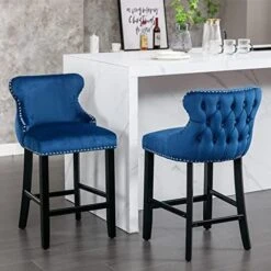 LZ LEISURE ZONE Counter Height Bar Stools Set Of 2, Velvet Upholstered Dining Chairs With Wooden Legs, Nailhead Trim, Button Tufted Decor And Back Ring Pull, Beige, Seat Height 27.2" -Safavieh Furniture 518fllar3JL. AC