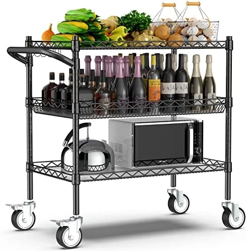 Leteuke Heavy Duty 3 Tier Rolling Utility Cart,NSF Certified 990Lbs Capacity Rolling Carts With Wheels,Commercial Grade Metal Cart With Handle Bar & Shelf Liner,Trolley Serving Cart For Kitchen, Black 5 Leteuke Heavy Duty 3 Tier Rolling Utility Cart,NSF Certified 990Lbs Capacity Rolling Carts With Wheels,Commercial Grade Metal Cart With Handle Bar & Shelf Liner,Trolley Serving Cart For Kitchen, Black - Image 5