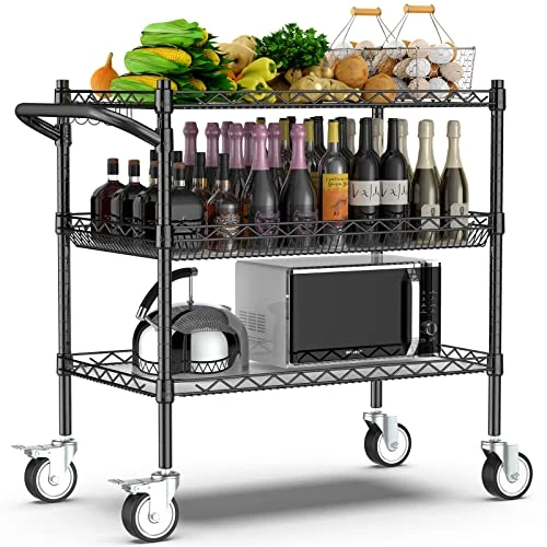 Leteuke Heavy Duty 3 Tier Rolling Utility Cart,NSF Certified 990Lbs Capacity Rolling Carts With Wheels,Commercial Grade Metal Cart With Handle Bar & Shelf Liner,Trolley Serving Cart For Kitchen, Black 1 Leteuke Heavy Duty 3 Tier Rolling Utility Cart,NSF Certified 990Lbs Capacity Rolling Carts With Wheels,Commercial Grade Metal Cart With Handle Bar & Shelf Liner,Trolley Serving Cart For Kitchen, Black