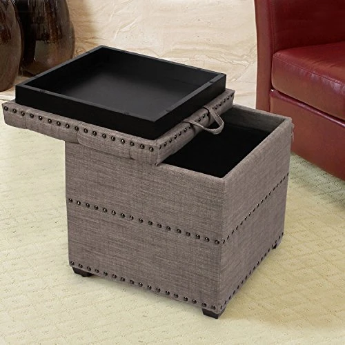 Edeco Modern Nailhead Storage Ottoman With Tray Top Square Script Ottoman Space-Saving Coffee Table, Grey 2 Edeco Modern Nailhead Storage Ottoman With Tray Top Square Script Ottoman Space-Saving Coffee Table, Grey - Image 2