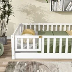I-POOK Full Size Floor Bed For Children, Solid Wood Montessori Bed Frame With Fence & Door Montessori Floor Bed With Safety Guardrails For Girls And Boys, White (with Bed Slats) -Safavieh Furniture 518m6tYIDnL