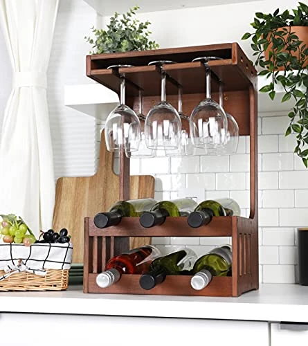 Mind Reader Floating Wine Rack, Wooden Storage Rack For 6 Bottles And 12 Stemmed Glasses, Natural Style Decor, Ideal For Home, Kitchen, Bar, Den, Brown 2 Mind Reader Floating Wine Rack, Wooden Storage Rack For 6 Bottles And 12 Stemmed Glasses, Natural Style Decor, Ideal For Home, Kitchen, Bar, Den, Brown - Image 2