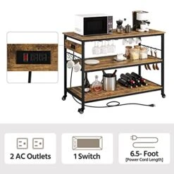 Yaheetech Kitchen Island With Power Outlet, Rolling Kitchen Cart With Wine Rack & Glass Holder & Hooks, Coffee Station Microwave Stand Wine Rack Table For Kitchen/Dinning Room, Rustic Brown -Safavieh Furniture 518moqpXrdL