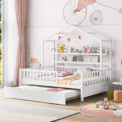 Melpomene Full House Bed With Trundle And Shelf,for Toddlers, Teens, Girls, Boys, Kids House Bed Frame Can Be Decorated (White) 4 Melpomene Full House Bed With Trundle And Shelf,for Toddlers, Teens, Girls, Boys, Kids House Bed Frame Can Be Decorated (White) - Image 4