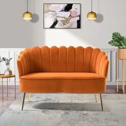 HULALA HOME Velvet Loveseat Sofa With Flower Shaped Back, Modern 2-Seater Sofa For Living Room Bedroom, Comfy Upholstered Small Love Seat Couch With Gold Legs, Tan -Safavieh Furniture 518oGqXNlbL. AC