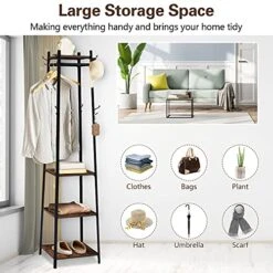Kinsuite Coat Rack Stand Multifunctional Industrial Hat Tree With 3 Shelves And Hooks, Free Standing For Clothes, Headgear, Bag, Rustic Brown -Safavieh Furniture 5195PAsiXFS