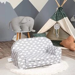 Delsit Toddler Couch & Kids Sofa - European Made Children's 2 In 1 Flip Open Foam Double Sofa - Kids Folding Sofa, Toddler Sofa Bed - Comfy Fold Out Lounge (Gray With Clouds)