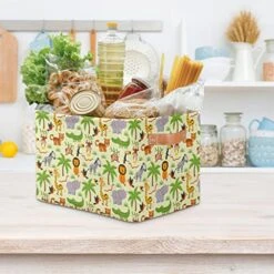 Animals Storage Bin, Jungle Animals Pattern Fabric Storage Baskets Collapsible Rectangular Storage Box With PU Leather Handles For Shelves Organizing Closet Pantry Bathroom, 1 Pack -Safavieh Furniture 519KHpGPEtL