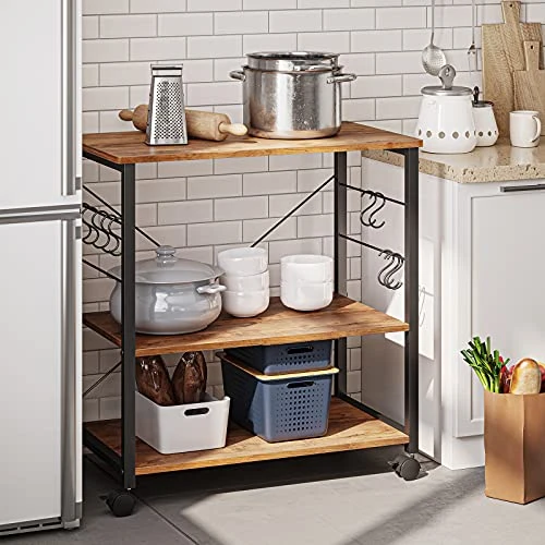 CubiCubi Baker's Rack Kitchen Cart, 3-Tier Utility Microwave Oven Rack On Wheels, Coffee Cart With Storage And 10 Hooks, Fir Brown 3 CubiCubi Baker's Rack Kitchen Cart, 3-Tier Utility Microwave Oven Rack On Wheels, Coffee Cart With Storage And 10 Hooks, Fir Brown - Image 3