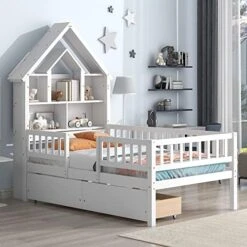 NCKMYB Twin Size Platform Bed With Storage Bookcase And Trundle, Kid Platform Bed With Fence Guardrails And House Shaped Headboard, For Boy Girl Toddler, Grey -Safavieh Furniture 519UkOvCGL. AC