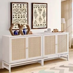 AWQM Sideboard Buffet Cabinet, Accent Storage Cabinet With 2 Rattan Doors, Farmhouse Accent Side Cabinet With Adjustable Shelves,Natural Wood Sideboard Entryway Table For Bar, Dining Room,White -Safavieh Furniture 519YZUpP6ML