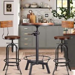3-Piece Crank Handle Bar Table (33.5"-39.4") & 2 Backrests Stools (26"-32") Set For Pub Kitchen Dining Living Party Bistro Breakfast, Swivel Brown Tabletop, Height Adjustable, Most Weld, Space-Saving