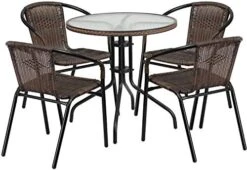 Flash Furniture Lila 28'' Square Glass Metal Table With Dark Brown Rattan Edging And 2 Dark Brown Rattan Stack Chairs -Safavieh Furniture 519p8WnQPhL. AC