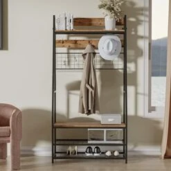 Cozy Castle Hall Tree With Shoe Bench For Entryway, 5-in-1 Design Coat Rack With Shoe Storage And DIY Hooks, Industrial Accent Clothes Rack With Metal Frame, Cushion Included, Rustic Brown -Safavieh Furniture 519r8Qo1YTL. AC