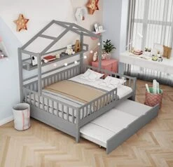 DEINPPA Full House Bed With Trundle, Kids Bed With Fence Guardrails, Wood Bed Frame, Decorative Roof Designs, No Box Spring Needed, For Boys Girls Toddler Kids-Walnut 23 DEINPPA Full House Bed With Trundle, Kids Bed With Fence Guardrails, Wood Bed Frame, Decorative Roof Designs, No Box Spring Needed, For Boys Girls Toddler Kids-Walnut -Safavieh Furniture 519zcv9STqL. AC