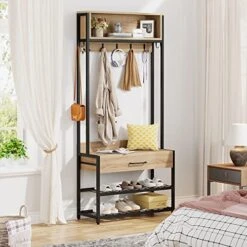Tribesigns 3-in-1 Entryway Hall Tree With Drawer, Vintage Industrial Coat Rack With Shoe Bench And Hutch, Mudroom Bench With Shoe Storage Rack And 9 Hooks For Living Room Bedroom (Oak) -Safavieh Furniture 51A5ViYVQnL