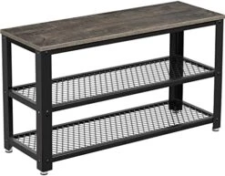 Rolanstar Shoe Bench, 3-Tier Shoe Rack, 39.4” Storage Entry Bench With Mesh Shelves Wood Seat, Rustic Foyer Bench For Hallway Front Door, Doorway, Living Room, Mudroom, Steel Frame, Rustic Brown -Safavieh Furniture 51A6z4bsRjL. AC