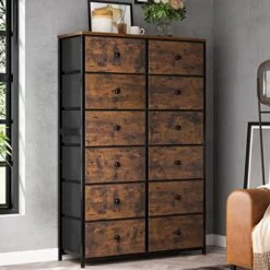 Tall Dressers For Bedroom, 12 Drawer Dresser With Wooden Top And Metal Frame, Fabric Dresser & Chest Of Drawers For Bedroom Closet Living Room, Rustic Brown, 11.8" D X 34.7" W X 52.4" H