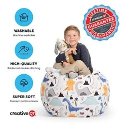 Creative QT Stuffed Animal Storage Bean Bag Chair - Stuff 'n Sit Organization For Kids Toy Storage - Toddler Size (27", Green/White Stripe) -Safavieh Furniture 51AAsku19sL