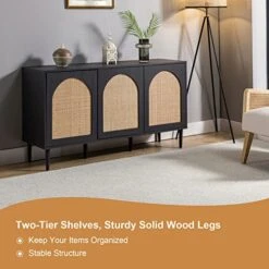 HULALA HOME Farmhouse Sideboard Buffet Cabinet With 3 Rattan Doors And 3 Shelves, Kitchen Storage Cabinet With Solid Wood Legs, Console Table Accent Cabinet For Living Room Dining Room Entryway, BLACK -Safavieh Furniture 51ALTuLhi5L