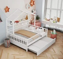 Melpomene Full House Bed With Trundle And Shelf,for Toddlers, Teens, Girls, Boys, Kids House Bed Frame Can Be Decorated (White) 11 Melpomene Full House Bed With Trundle And Shelf,for Toddlers, Teens, Girls, Boys, Kids House Bed Frame Can Be Decorated (White) -Safavieh Furniture 51AOw3Tb9qL