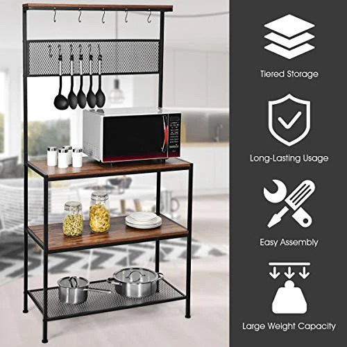 RELAX4LIFE Baker’s Rack Microwave Stand With 11 Hooks,Metal Rack And Adjustable Feet For Spices, Pots, And Pans Utility Storage Shelf Kitchen Organizer Workstation (Brown) 3 RELAX4LIFE Baker’s Rack Microwave Stand With 11 Hooks,Metal Rack And Adjustable Feet For Spices, Pots, And Pans Utility Storage Shelf Kitchen Organizer Workstation (Brown) - Image 3