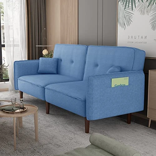 GENERIC Futon Sofa Bed For Living Room With Solid Wood Leg In Fabric Includes 2 Pockets Adjustable Backrest Easy Assembly Blue Modern Contemporary Manual Recline 1 GENERIC Futon Sofa Bed For Living Room With Solid Wood Leg In Fabric Includes 2 Pockets Adjustable Backrest Easy Assembly Blue Modern Contemporary Manual Recline