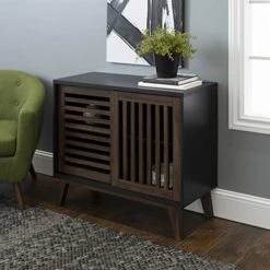 Walker Edison Mid Century Modern Buffet Entryway Cabinet Doors Kitchen-Dining Room Storage-Living Room, 36 Inch, Black And Dark Walnut