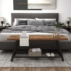 Oastreeful Storage Bench Industrial Rustic Wooden And Metal Entryway Shoe Boots Storage Rack Long Bench Seat For Hallway Bedroom Retro Brown Farmhouse Style -Safavieh Furniture 51AVcWKxW4L