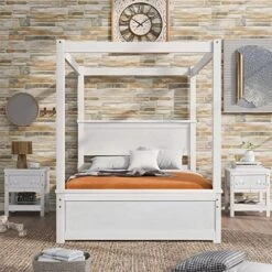 Full Size Wood Canopy Bed With Trundle And Two Nightstands, 4-Post Platform Frame Headboard, 3 Pieces Bedroom Set (Brushed White) Full Canopy Bed+2 Nightstands
