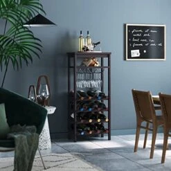FOTOSOK Bamboo Floor Wine Rack, Freestanding Wine Bottle Organizer Shelves With Glass Holder Rack,16 Bottles, Wobble-Free Wine Display Storage Stand With Table Top For Kitchen Dining Room, Espresso -Safavieh Furniture 51AWaz2oxpL